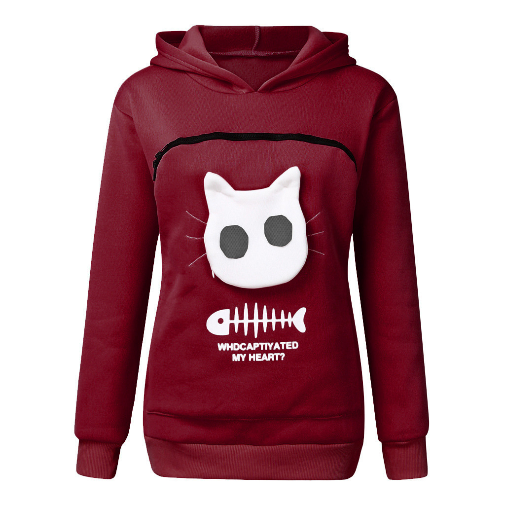 Women Hoodie Sweatshirt With Cat Pet Pocket Design Long Sleeve Sweater Cat Outfit - Image 6