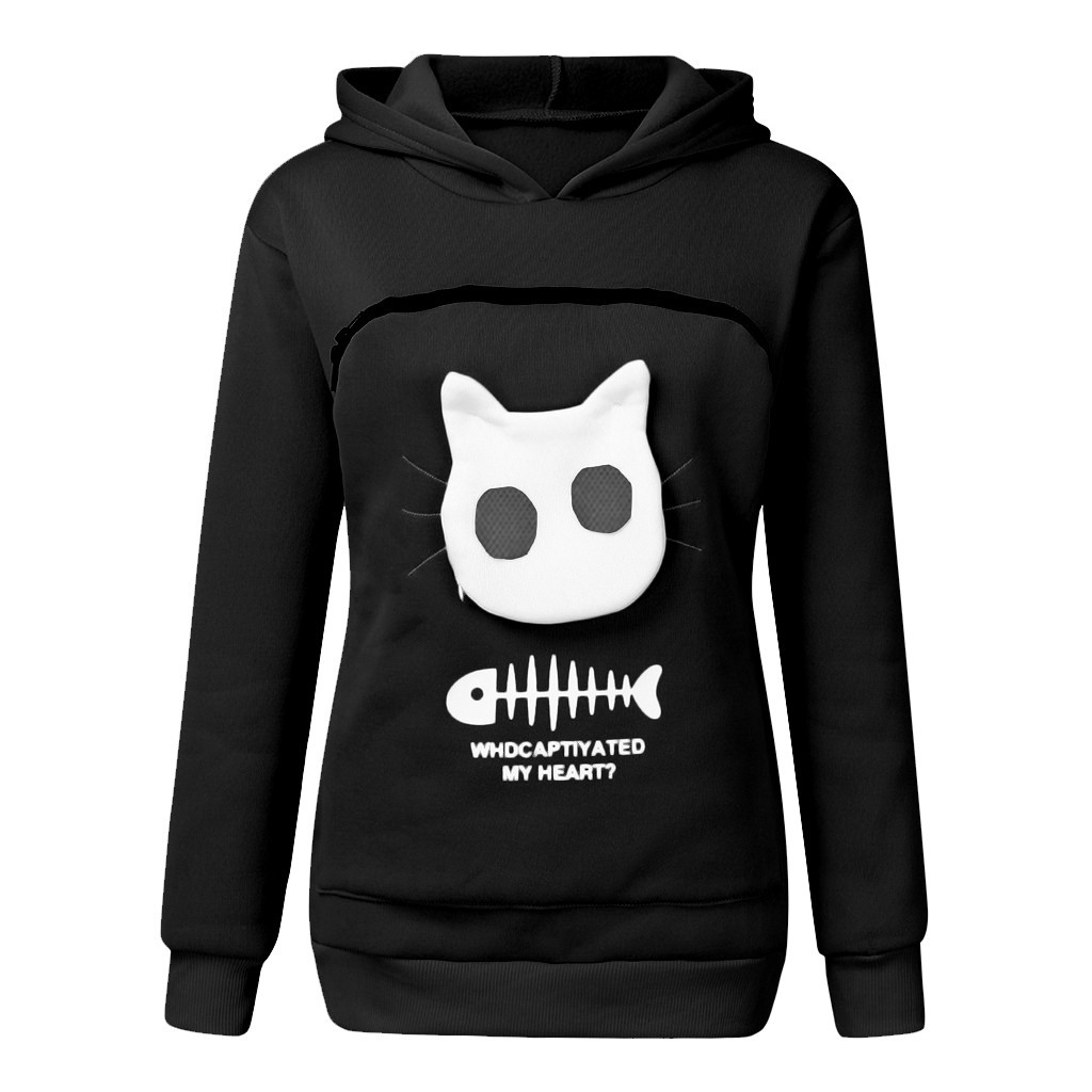 Women Hoodie Sweatshirt With Cat Pet Pocket Design Long Sleeve Sweater Cat Outfit - Image 8