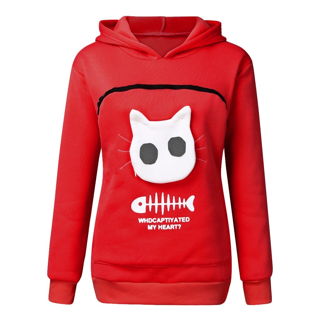Women Hoodie Sweatshirt With Cat Pet Pocket Design Long Sleeve Sweater Cat Outfit - Image 9