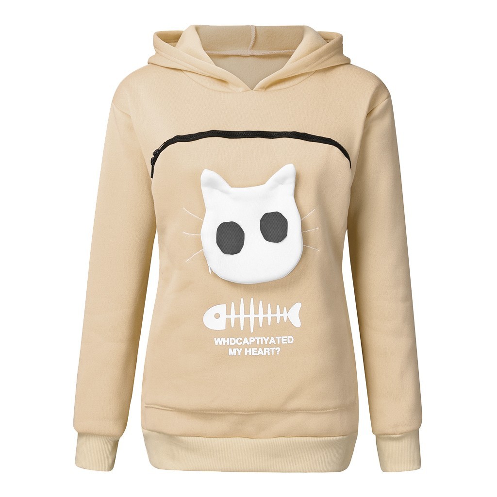 Women Hoodie Sweatshirt With Cat Pet Pocket Design Long Sleeve Sweater Cat Outfit - Image 2