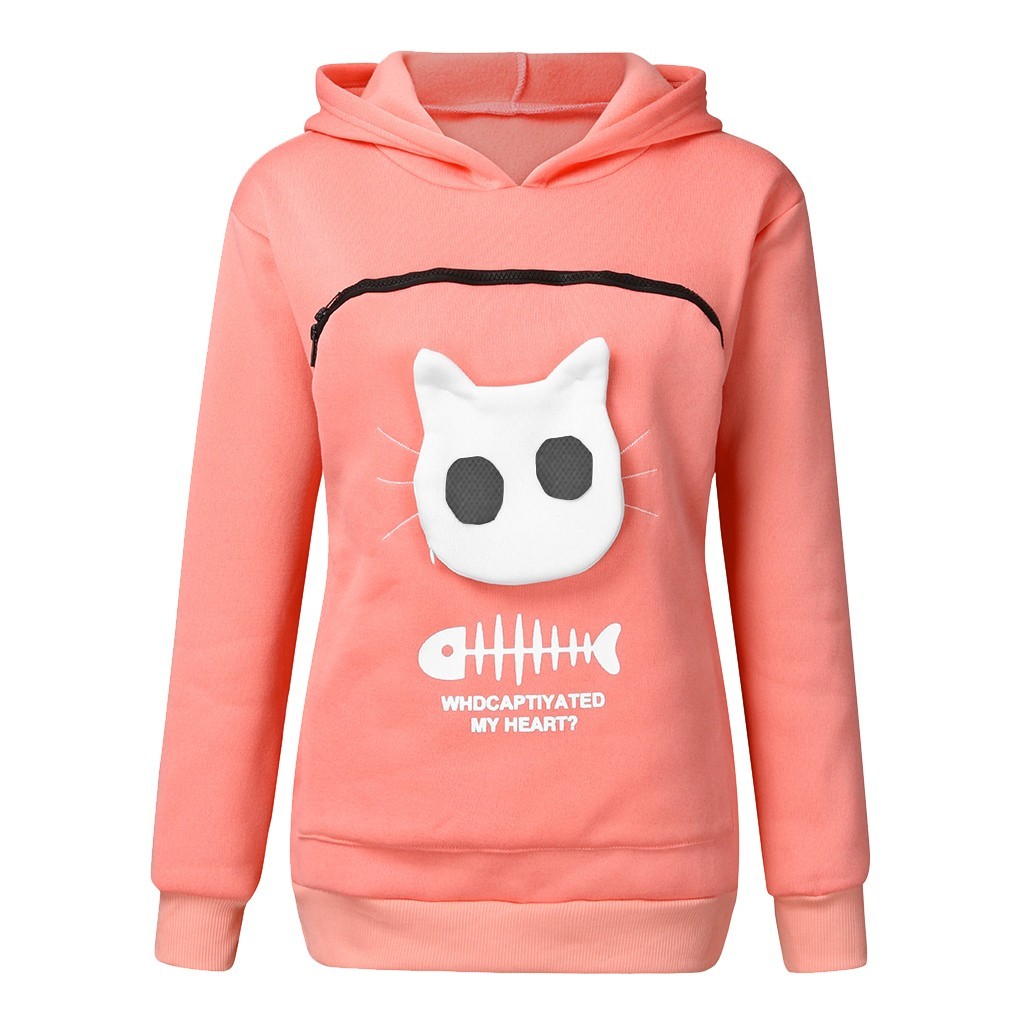 Women Hoodie Sweatshirt With Cat Pet Pocket Design Long Sleeve Sweater Cat Outfit - Image 10
